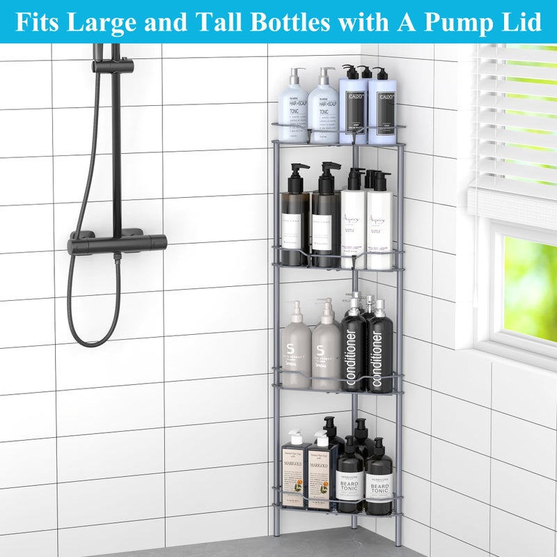 HuggieGems 4 Tier Floor Standing Corner Shower Caddy Organizer Shelf with Hooks, Bathroom Shelves Stand Rack, Dark Gray - Image 5